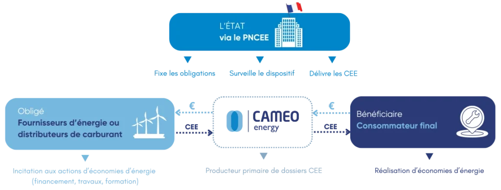 Schéma explicatif du dispositif des CEE et du rôle de CAMEO ENERGY en tant que mandataire CEE